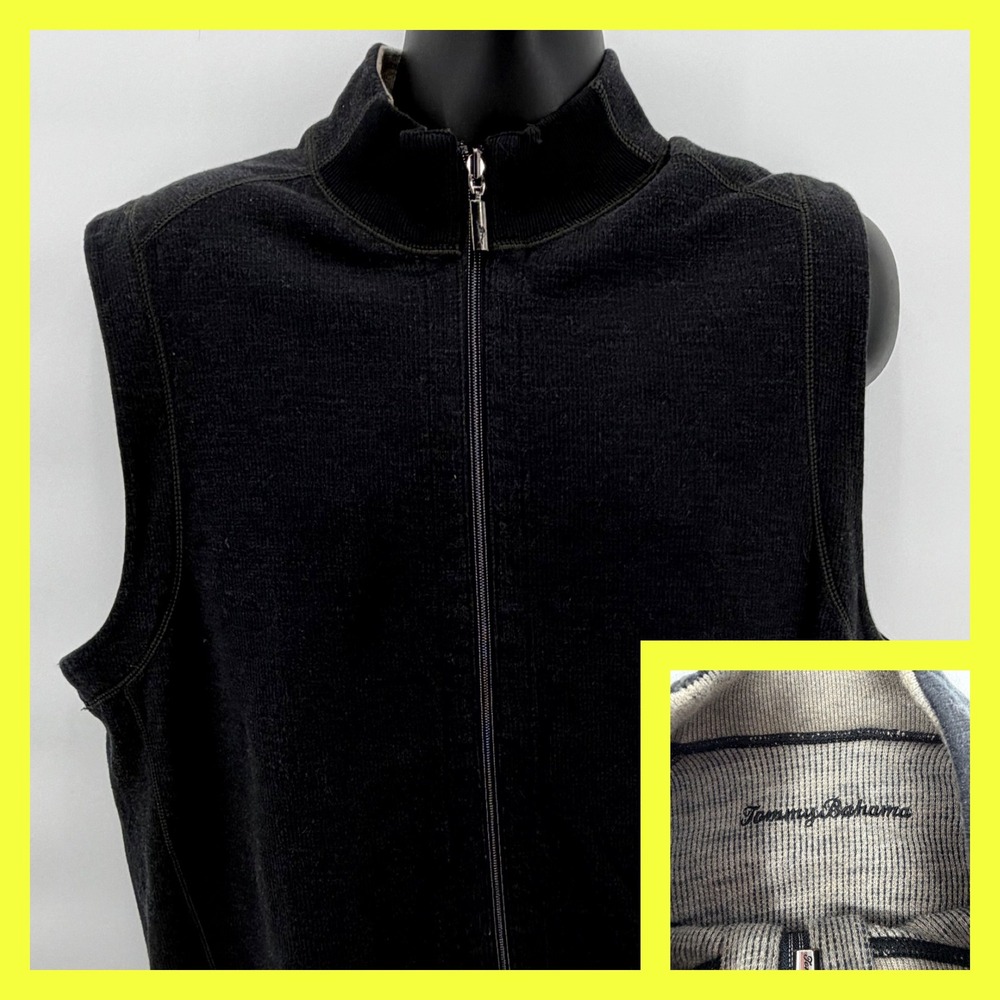 Tommy Bahama Vest Mens Large Black Reversible Flipshore Full Zip Cotton Sweater